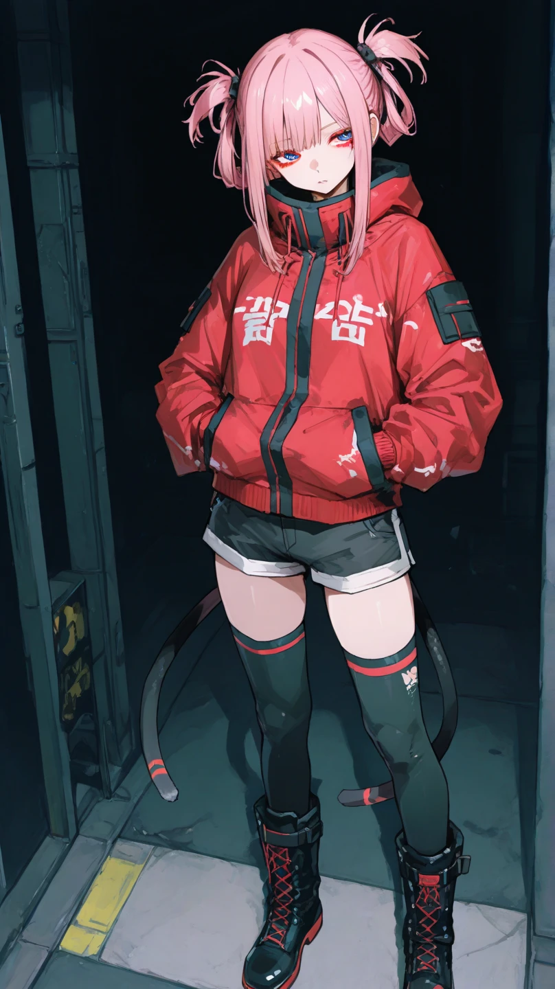 (1 girl), standing, (rope bondage:1.5), (restrained tightly:1.2), (arms behind back:1.3), (legs closed:1.5), (struggling helplessly), (long crimson hair:1.5), (black hooded jacket, black shirt, black shorts, tights socks:1.5), (big breasts:1), (blushing:1.3)