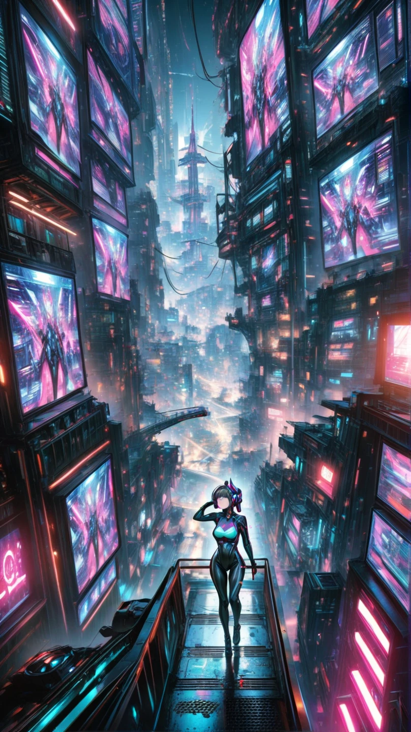 <lora:AdsTech:0.8> adstech, colorful symbols , hologram, scifi, (masterpiece, best quality, highly detailed:1.2), (photo, low angle, dutch angle), (cyberpunk alley), tv product ad, feet, from behind, rainy, wet, tv, news channel, matrix, cybernetic, futuristic neons, luminous technology,