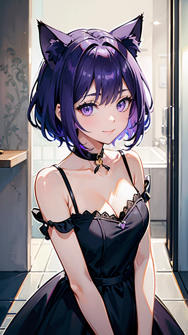 (8K、highest quality、masterpiece:1.2)、Super detailed、super resolution、Realistic、(1girl)  、(purple hair)、short hair。(blunt bangs:1.5),pink eyes、(face focus,upper body),(glowing eyes:1.4),(sundress)、(grin:1.3),open mouth、cute face,blush、small breasts,hair ribbon,(simple background),(virgin destroyer sweate)