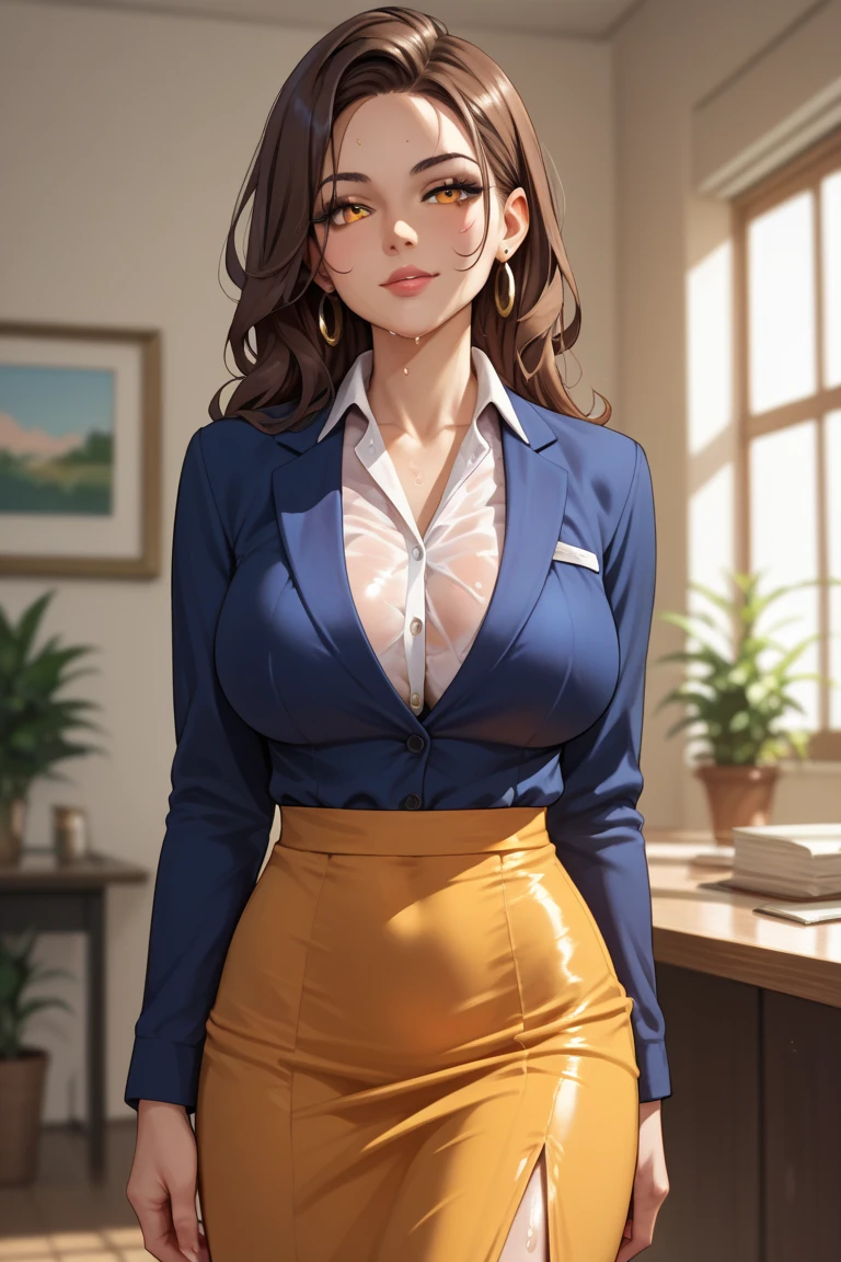 ((masterpiece)), (best quality:1.7), (detailed:1.4), (high res:1.4), 8k, (colorful:1.5), high resolution, sharped image, 4k, hd, (beautiful detailed background:1.2), (beautiful lighting:1.2), (highly detailed:1.2), perfect lighting, (8k wallpaper:1.2), (highly detailed:1.2), (extremely detailed CG:1.2), ((dark brown medium long straight hair with bangs covering an eye)), (hair bangs covering one eye), ((only dark brown hair)), ((busty)), curvy figure, (((hazel-green eyes))), office outfit, glasses, mature, (((30 year old))), human adult, tall, fullbody