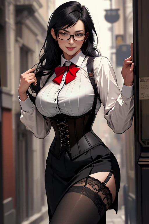 Best quality, Masterpiece, Debauchery secretary, Wearing glasses, Big tight, breast enhancement, Wear corsets and stockings, 超高分辨率,Detailed background,Realistic,hades style,Solo,woman,mature,Tik,mature,breast enhancement, Female, Long black hair, \(Theme\),Dark fantasy,Evil,Depth of field