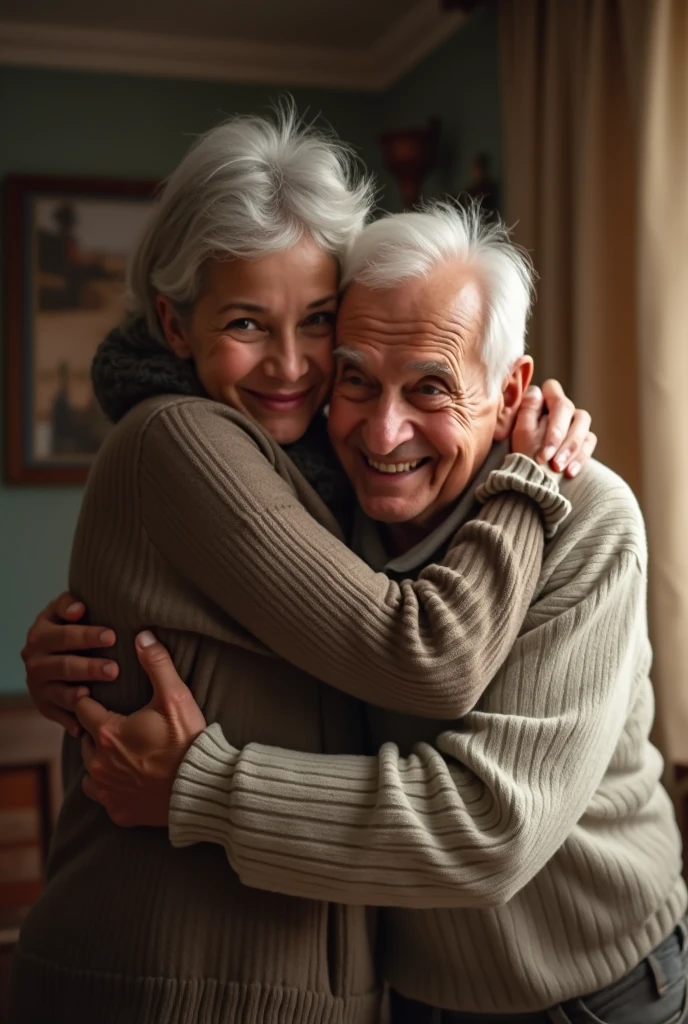 beautiful woman with wrinkles on her face, Cute old woman,Old couple,Photo of two people, As a comedian, He is funny and eccentric., looking at the camera. Dress in a way that reflects your age. Showcasing your beautiful home,Photorealistic,Emphasis on realism