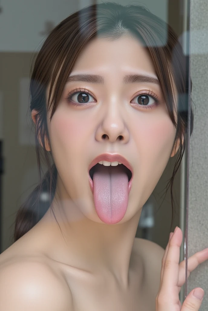 Beautiful Japanese actresses,(photo Realistic:1.4), (hyper Realistic:1.4), (Realistic:1.3),Very detailed,Eyelashes High resolution eye depiction, Focus your eyes, Nose and mouth,Face Focus, Woman with open mouth and closed eyes, Completely naked、Age 35,Black-haired、Symmetrical face,Realistic nostrils、Angle from below、Elongated C-shaped nostrils,,,White Background、((Sweaty skin))、Lighting that highlights sweaty skin、((Nose hook))Skin shiny with sweat、((Glowing Skin))、((Wet and shiny tongue))、Attractive body,Beautiful breasts,((Sweat flying,steam)Beautiful breasts,((topless)),