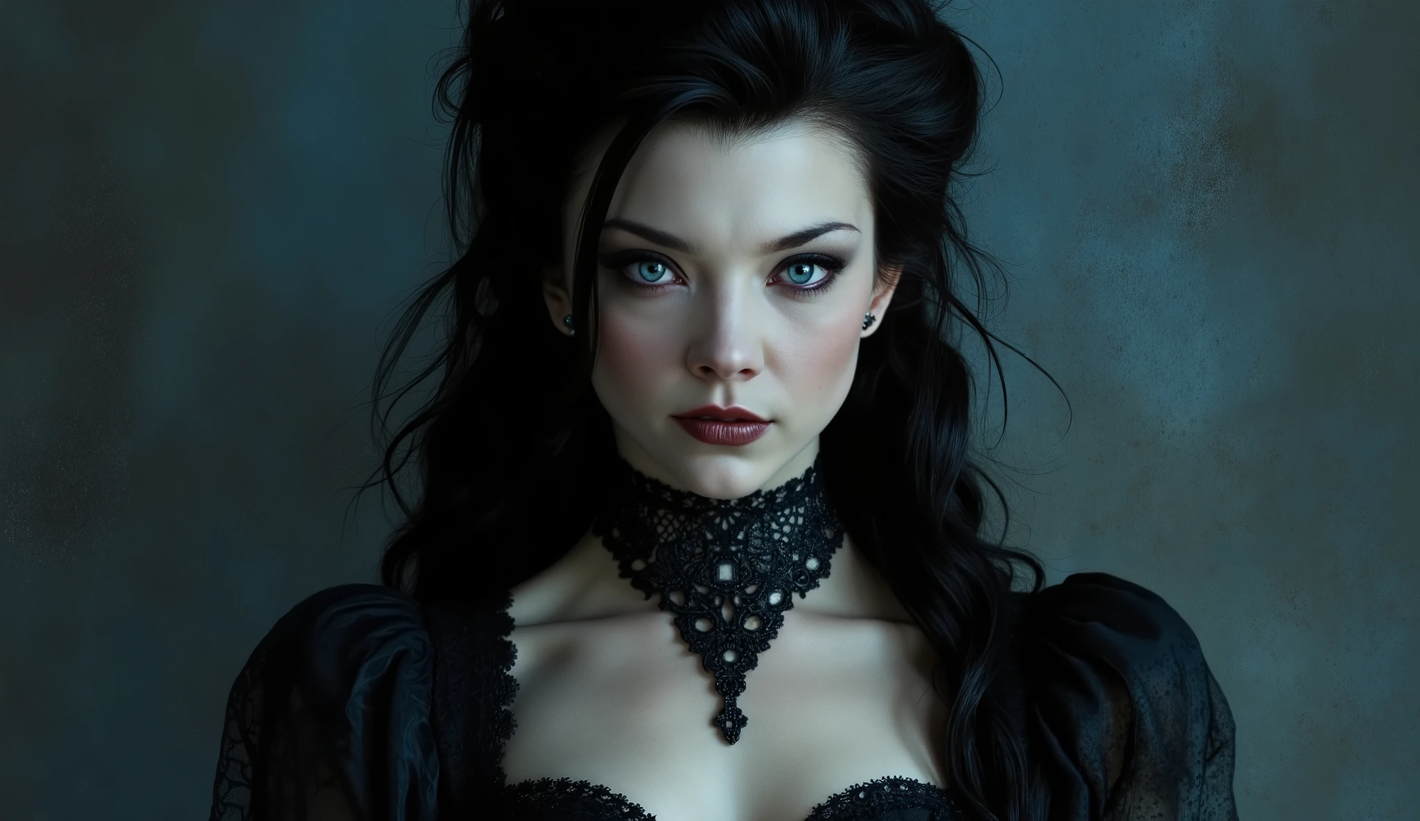 An extremely detailed an enigmatic young woman in her late s portrayed by a young Dominique Ruiz with pale skin black hair and amber eyes wearing a Victorian era gown and corset and gothic makeup with a look on her face that is somewhere between inviting and alluring and sinister and mischievous . She has pale skin, striking amber eyes accentuated by dark gothic makeup, and full lips colored in a muted black shade. Her black hair flows down her back in voluminous waves, styled in a slightly tousled manner that adds dynamism to the portrait. An ornate black leather choker adorns her neck, adding elegance to her attire. The lighting is soft and diffused, casting subtle shadows and highlights that emphasize her facial features and the texture of her clothing while maintaining a somber mood. The background consists of dark, textured brushstrokes in shades of midnight blue and charcoal gray, which enhance the overall mysterious atmosphere without drawing attention away from the subject. The color palette includes deep blacks, pale porcelain whites, and accents of midnight blue, contributing to the dark fantasy aesthetic. The composition centers on the character's intense gaze, creating a captivating portrait with an alluring and sinister expression. Standing in a dynamic action pose. Trending on Art Station.