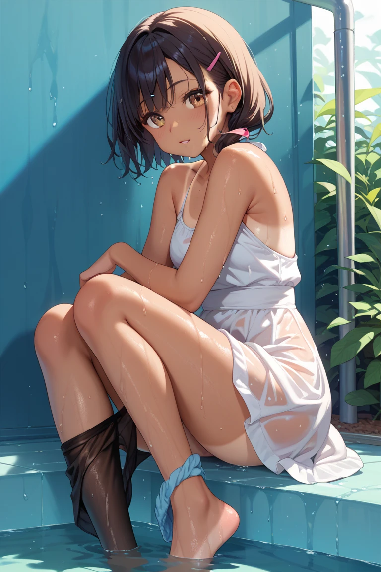 (anime style),masterpiece, best quality, extremely detailed,15Year old,tanned skin,dark skin, Beautiful body,small breasts,BREAK,multicolored colorful black hair,short hair,hair slicked back,for head,pigtails,BREAK,black eyes,shy smile,open mouth,mouth on water,half closed eye,detailed lips,open legs,BREAK,cotton black big ribbon,BREAK,nun uniform,black_bikini,off shoulder,navel,break,head tilt,in the park,dripping,Drinking fountains,huging2girl,from behind