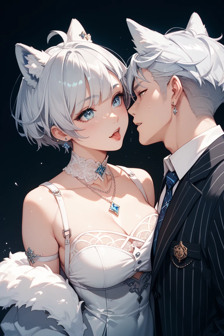 Male-female couple, white hair, blue eyes, above chest