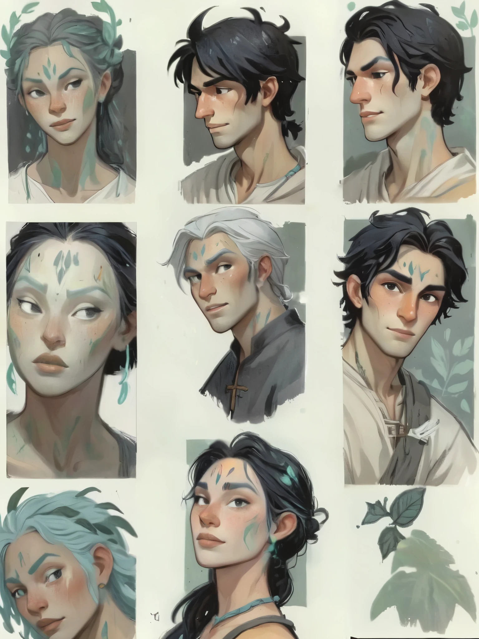 best aesthetic , lolsplashart, 1boy in three different poses, detailed face expressions, handsome tiefling, masculine features, long black messy hair, wearing a black peasant medieval tunic, wide shoulders, tall lean body, portrait painting, flat shading, emotional scene, neon highlights, cartoon, in gougoupaintleaves style:1.5, cartoon, illustration, sketch, sketch lines, gouache painting, focus on face, illustrStyle, novuschroma57 style cartoon, novuschroma style, pastels on black
