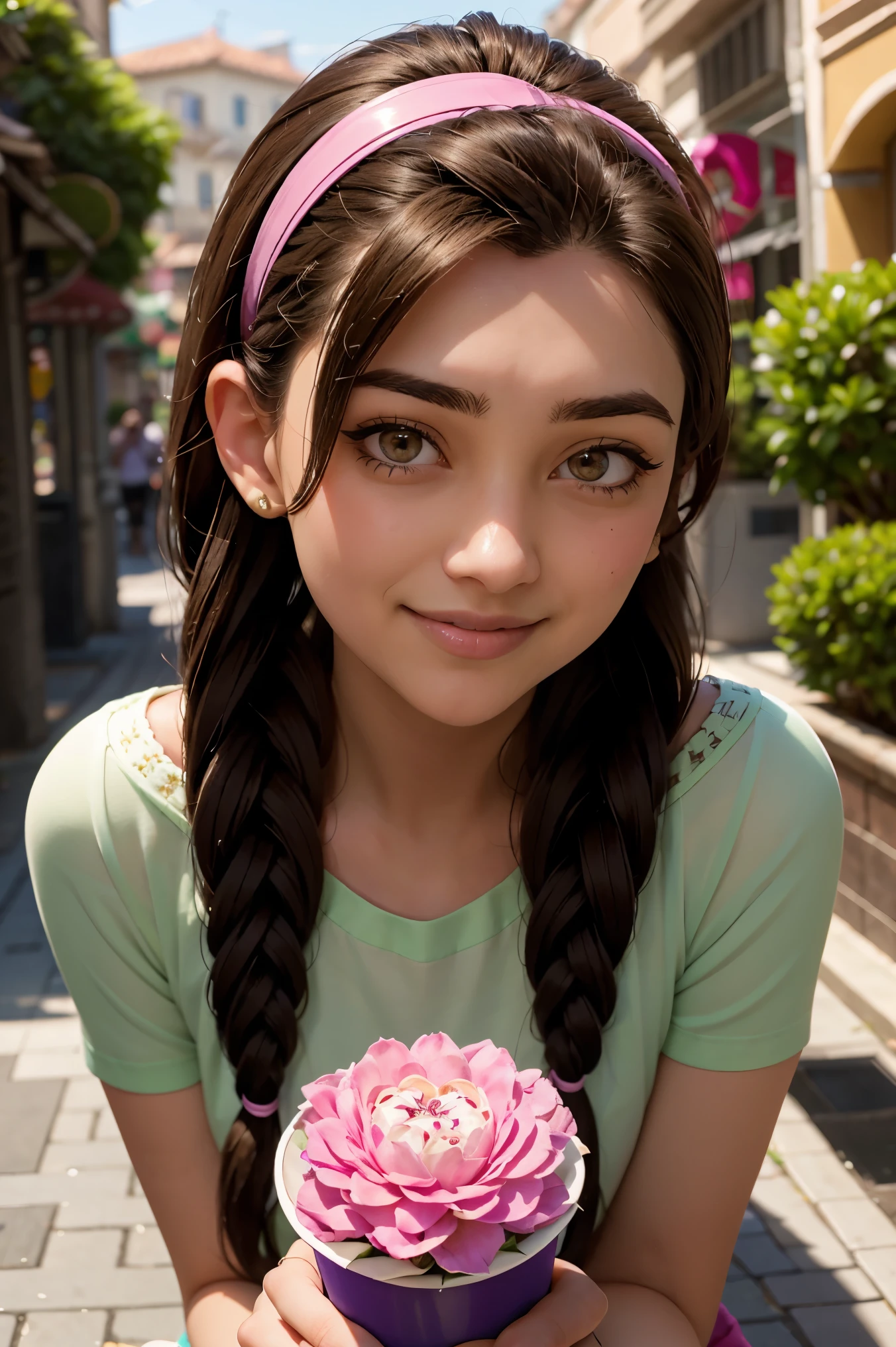 An impressive and intricate full color portrait, Ultra-HD a girl, brown hair with 2 braids, brown eyes, pink headband, detailed face, dressed in a light green t-shirt with embroidery on the neck, no logos, epic character composition, alessio albi, nina masic, sharp focus, natural lighting, subsurface dispersion, on a date, happy smile, green garden, white alcove.