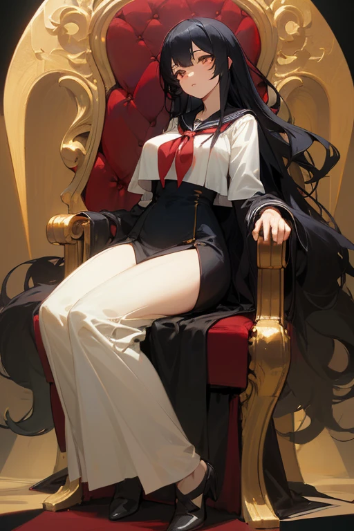 top quality, masterpiece, ultra detailed, beautiful girl,, long midnight black hair, heterochromia, red and gold eyes, crisp white uniform shirt, knee length black uniform dress, knee length socks, gentle smile