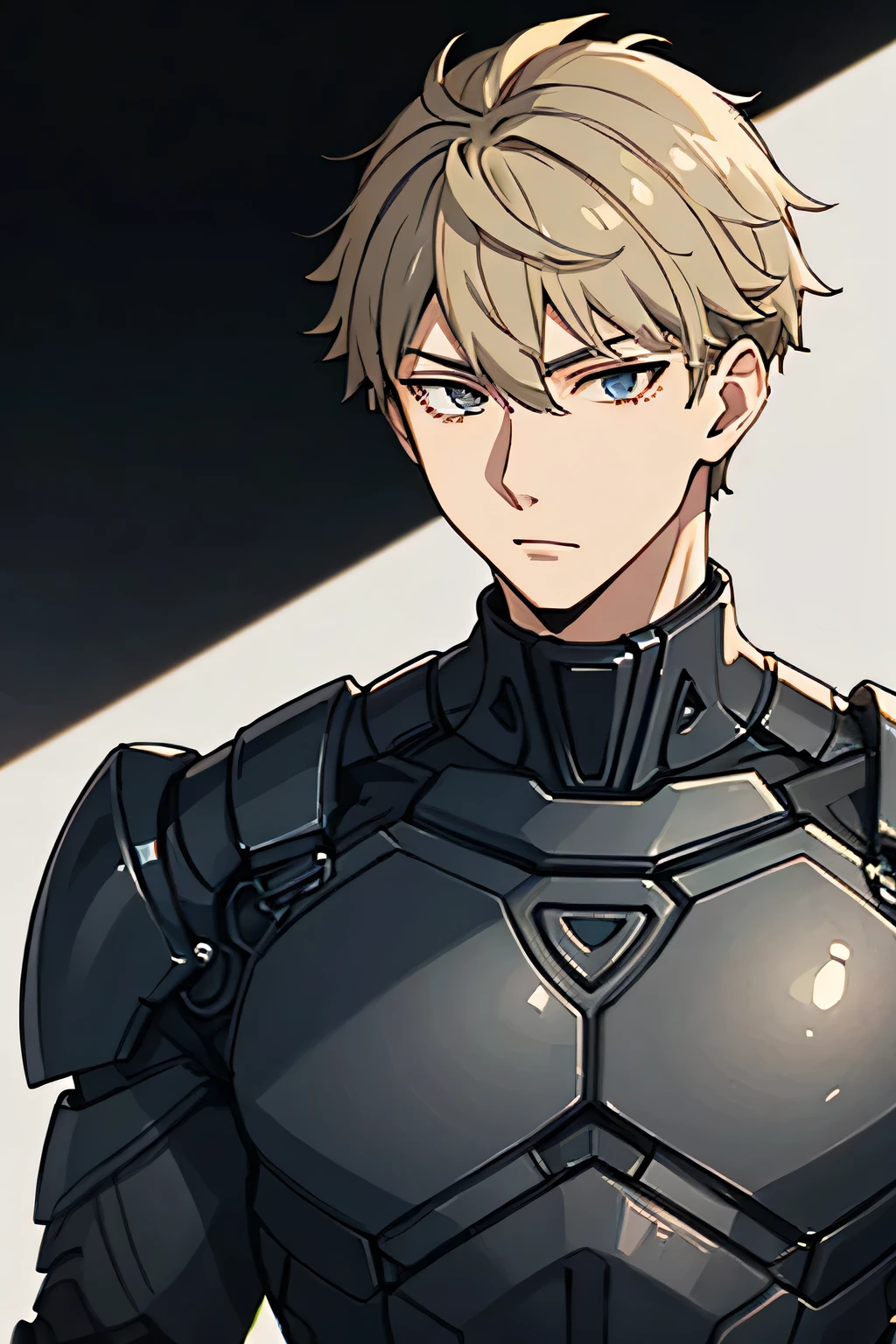 25 years old man, skinny height, uses black bulletproof iron armor, cyborg, a criminal, blonde, gray eye color , facing forward, half body
