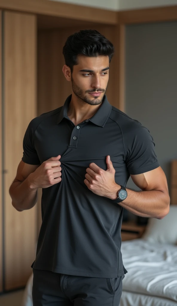 a man in a blue shirt and jeans stands with his hands in his pockets, Manga curta, azul-marinho, azul-marinho, camisa azul marinho, sport camiseta, wearing a camiseta, camiseta azul justa, camiseta, camiseta, wearing a dark blue polo shirt, camisa azul escura, em fundo cinza, foto do produto, Solid color