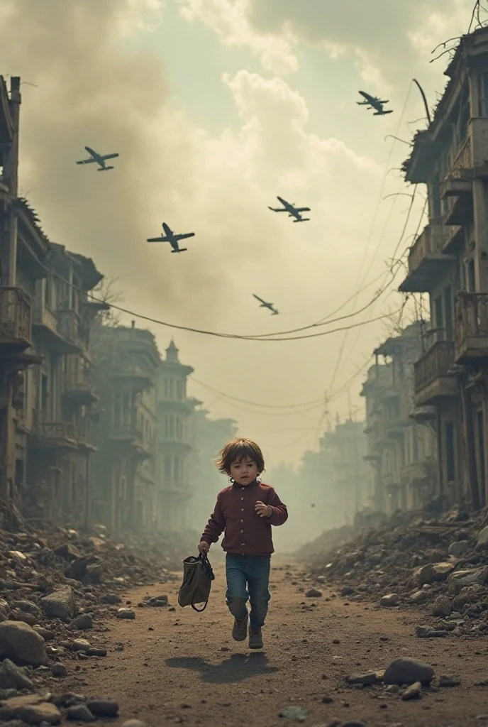 Homeless watching Helicopters and soldiers in sky in destroyed and bombarded city between smoke.