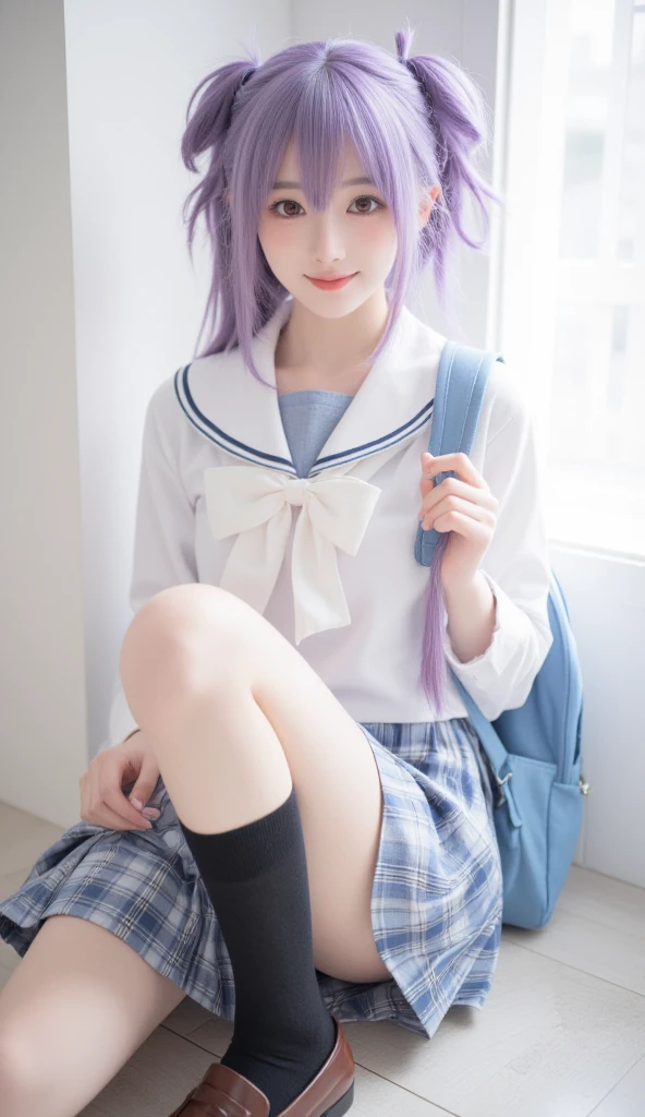 (1girl:1.3), Masterpiece, Best quality, amazing beauty, 4K, absurdres, finely detail, super detailed eye, perfect anatomy, official art, cinematic lighting, BREAK, coffee shop, silky long hair, asymmetrical bangs, pink hair, super shiny detailed black eye, cute eyes, Looking at Viewer(camera), Staring, fang, embarrassed, shy face, BREAK , big breasts, slender, white skin, porcelain skin, sitting, spread legs, full body, BREAK , (purple underwear:1.2), (school uniform:1.2), (over-kneehighs:1.2), BREAK,()