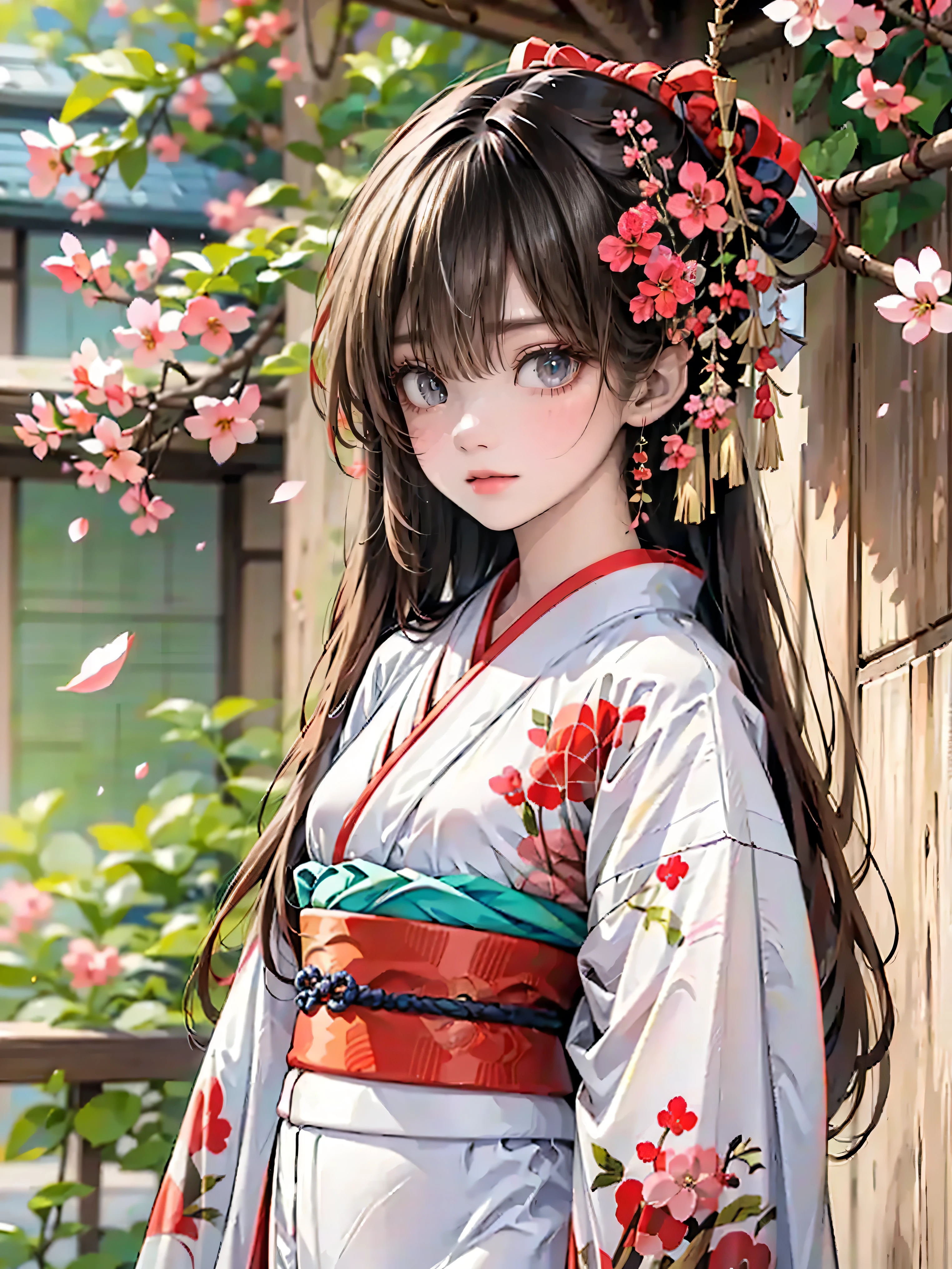 (Standing like a flower), (Like a flower), (Like a flower), (The scent of flowers), (Everyone is enchanted), (The color of cherry blossoms), (The color of red plums), (The color of young leaves), ((Top quality, highest quality, 8K, masterpiece)), ((An aristocratic princess from the Heian period with odd eyes)), heterochromia, red eyes, green eyes), ((Sparkling, detailed eyes)), beautiful, ((Transparent, smooth, white skin)), ((Glossy skin)), small breasts, gentle gaze, ((Wearing a Heian period twelve-layered kimono)), (The formal attire of a court lady from the Heian period), twelve-layered kimono, anatomically correct depiction, detailed depiction down to the fingertips, white background, pale cherry blossoms, pale cherry blossom petals, super beautiful graphics