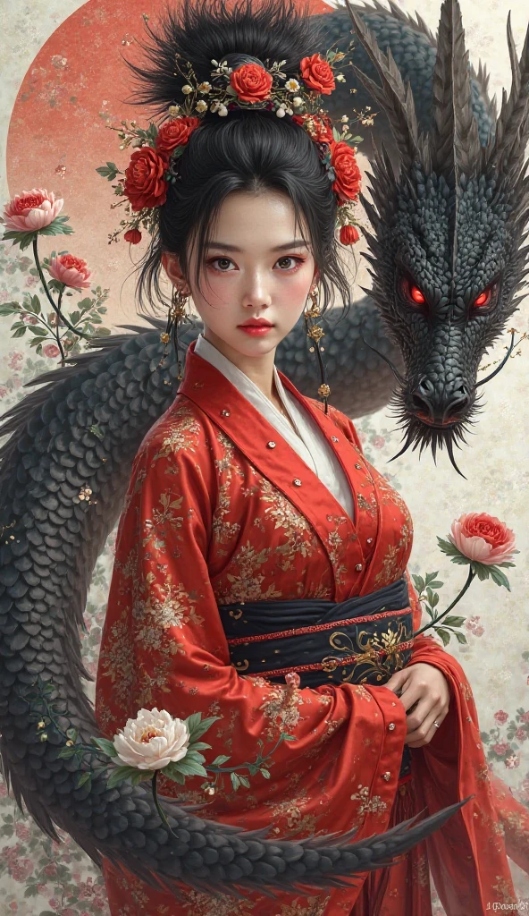 vintage poster of a Chinese woman with a dragon in her arms, in the style of Brian M. viveros, multi-layered compositions, takayuki takeya, uhd image, red and gray, intricate patterns and details,