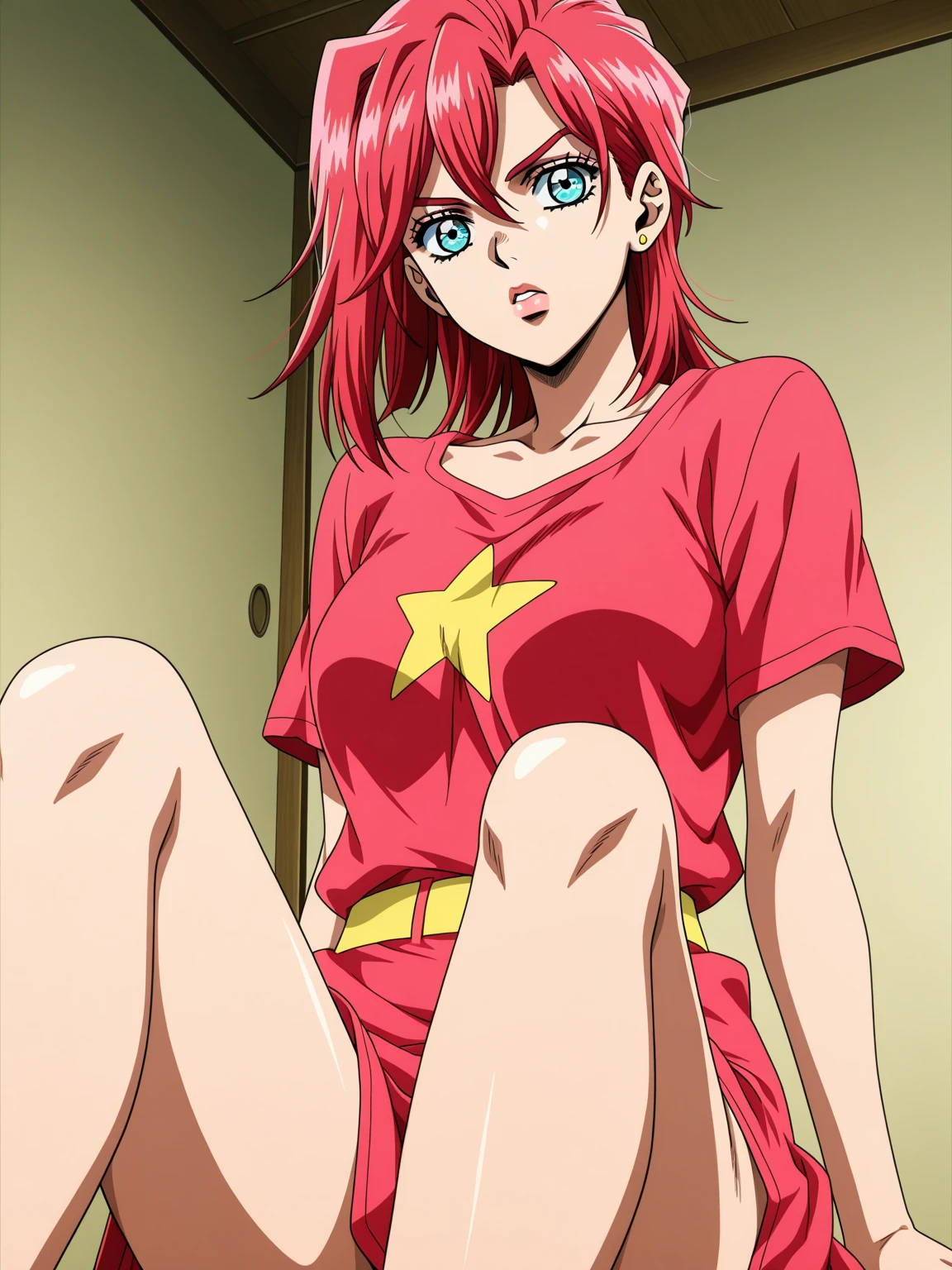 lacus4, ((naked), (topless, nipples), thin girl, best illustration, masterpiece, cowboy shot, very slim shoulders, 4K, Best Quality, Anime style: 1.9, happy, Adult Woman, (ultra detailed head), Drawing lines, high resolution, lacus4), 1girl, Solo, curvy figure, clavicle, scapular, (Detailed wide hair bangs, Hair Ornament, Detailed reddish-pink hair, shiny streaks, single tail hairstyle, slim arms, detailed golden crest), large hands, (hair cover shoulders). (Big blue eyes, shiny eyes), ((slim arms, thighs)), ((perfect proportions, medium thighs, springy small medium breasts)), ((red bikini top, red bikini top, red arm band, red arm band)), smile, (sitting on bench at locker room, hot colors), closed fists, (bare shoulders)