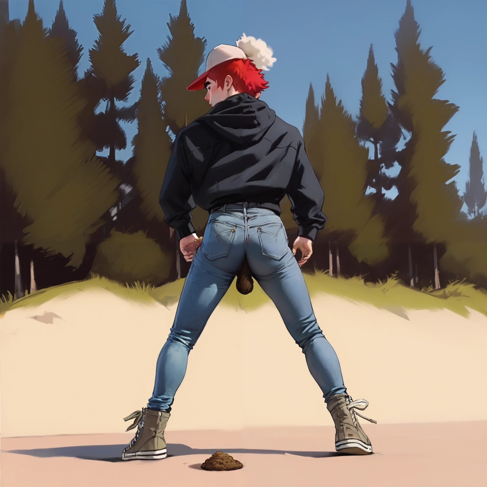 Slim boy 1boy, wearing hoodie, (a pair of washed-out skin tight jeans leggings:1.5), converse (dirty high sneaker-boots x-hi1.8), (legs spread, medium length), (bottom view), standing at the beach, he too lazy to use bathroom (pooping self:1.8), (pooping:1.8) (dynamic angle, standing pose:1.2), outdoors, (have to poo) Close-up on pants. The denim leggings hug his legs tightly, accentuating every curve and muscle. A long, hard piece of excrement protrudes from a small hole between the back pockets of his jeans, tearing the seam underneath.