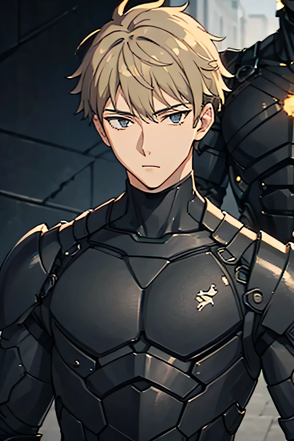 25 years old man, skinny height, uses black bulletproof iron armor, cyborg, a criminal, blonde, gray eye color , facing forward, half body
