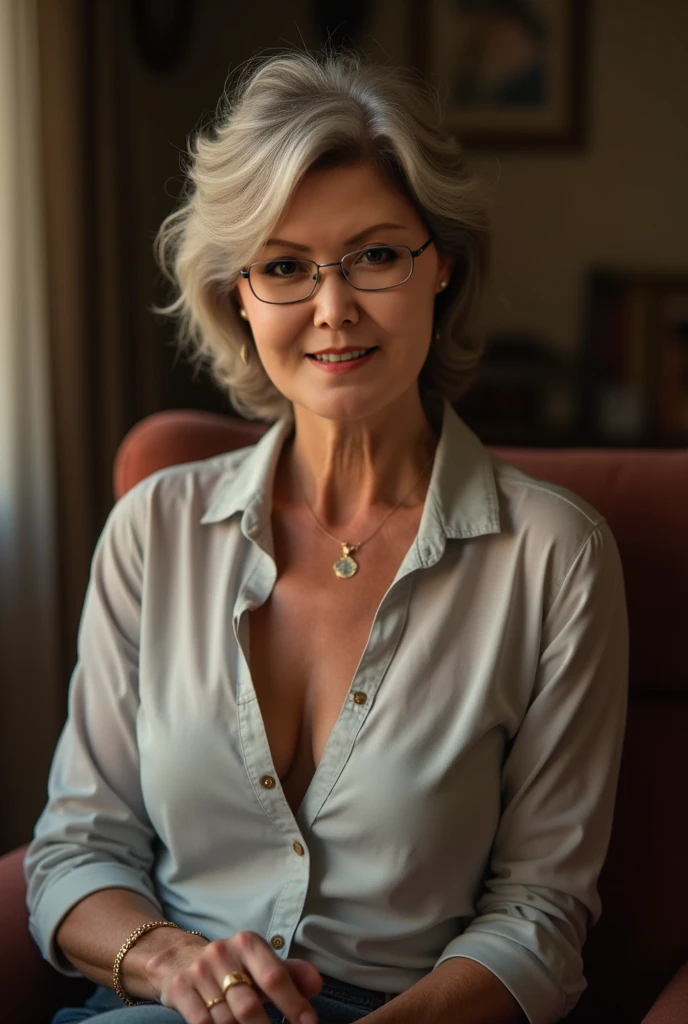 an old mature teacher in her 40s flirting with you in a bedroom, smile, teasing sexy