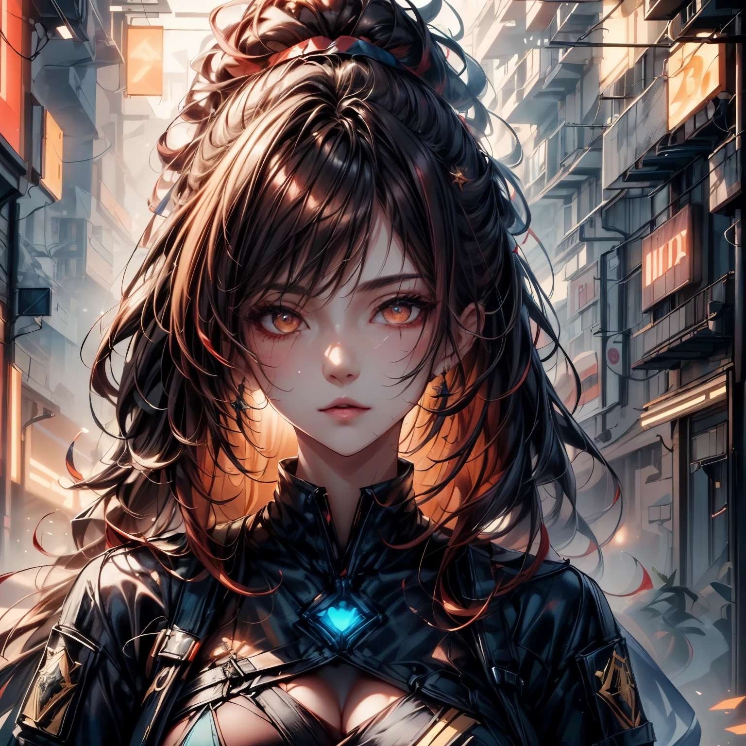 ((best quality)), ((Masterpiece)), ((Enrich the picture,Masterpiece level quality)), red hair, high ponytail, very big breasts, golden eyes, fierce woman, ultra eyes details, cowboy shot, Image of a beautiful cyberpunk woman, FBI uniform, best quality, RAW 4K, Realistically, ( cinematic lighting, moody, textile shading), perfect proportions, ultra detailed, volumetric lighting, soft lighting, glossy skin, beautiful face, Special face details, strong emotions, elegant gesture, Detailed facial features, Long eyelashes, contrast, Incredible atmosphere, Fascinating setting, Haunting beauty ,