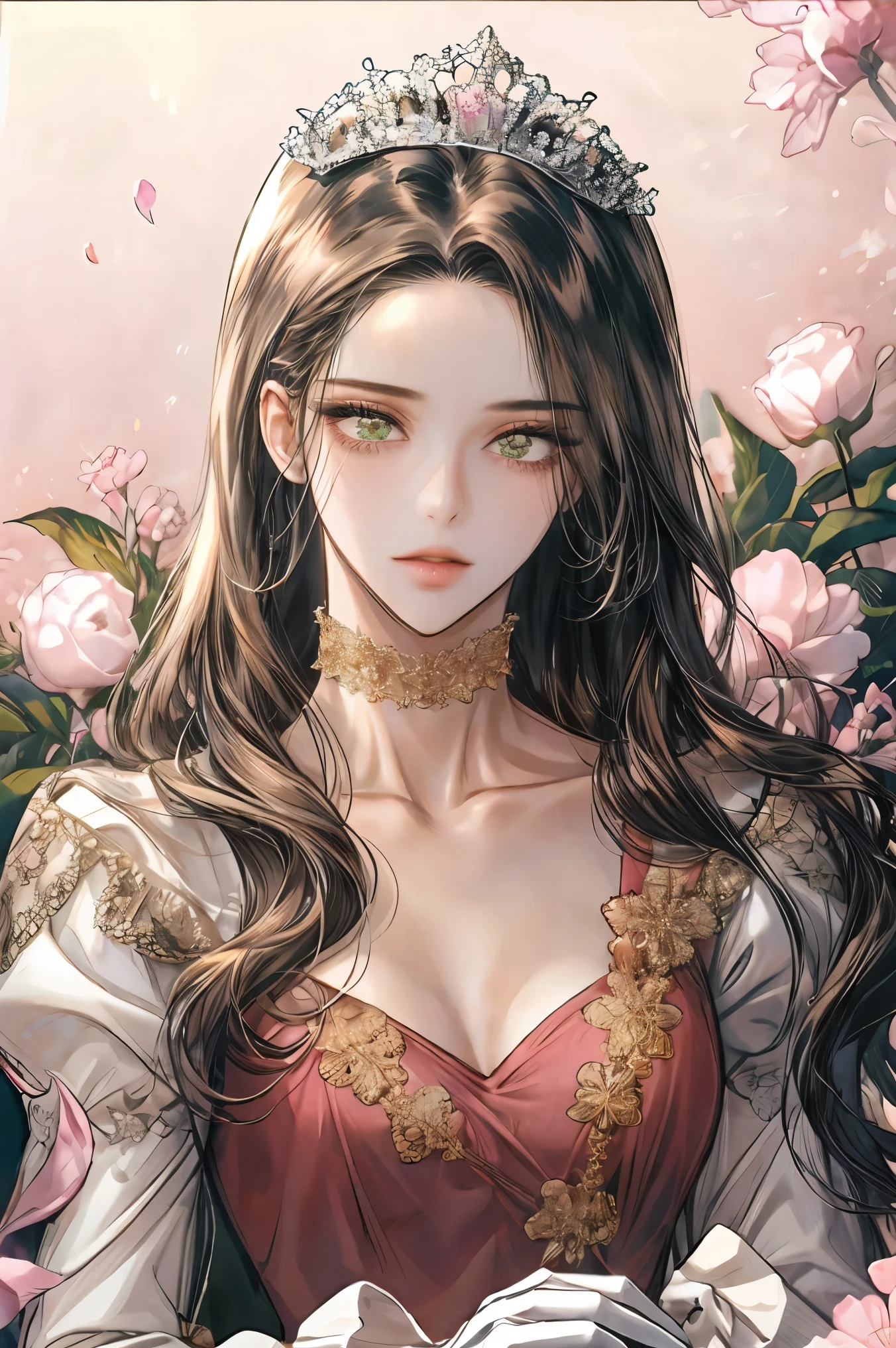 shoujo-style, floral background, romance manhwa, 1girl, black hair, solo, long hair, flower, dress, tiara, pink dress, gloves, long sleeves, choker, pink eyes, mascara, makeup, white gloves, pink bow, pink flower, wavy hair, bow, jewelry, looking at viewer, dark background, collarbone, puffy sleeves, silver accessories, upper body, parted bangs, very long hair, pink dress, frills, bangs, closed mouth, detailed eyes, (close up), gleaming skin, shiny glossy skin