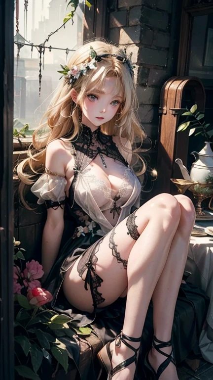 (masterpiece, top quality: 1.2), children's body, solo, one girl, see-through costume, looking at the viewer, she folds her hands behind her head, (infant body type: 1.1), (intricate detail, erect nipple 1.1), bare shoulders, midriff, navel, long gray hair, (very revealing luxury dress: 1.1), small breasts, (cute)), noble, half-naked, ((body forward, squatting position)), live-action skin texture, high heels, The dress she wears is made of a lot of lace, smile, Even on top of her costume you can understand that her are erect