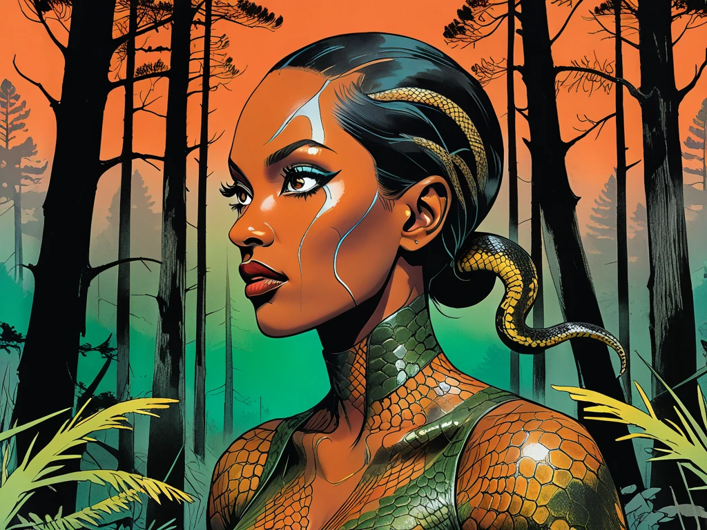 Medusa, gorgoneion, splash page comic cover art, ink style figure, ((expressive Joelle Jones and "Sean Gordon Murphy" comic drawing)), wordless, (face, ornate black metal corpse paint, resembles Grace Jones), morphology anatomy drawn Frederic Delavier musculature anatomical illustration, abyss void black no visibility darkness, (background, pine barrens, entropy, rewilding, magic hour sunset, galaxy stars, cosmos), cinematic poster, full length portrait, candid, snake skin dress, (body, Naga, snakefolk, lower body snake tail, snake woman hybrid, bald, hairless, skeleton, snake skin tattoos, piercing eyes, snake pupils, over the shoulder), craftsmanship nuance, (Gerardo Zaffino charcoal), (horror, abstract, surreal, body, cosmic), subliminal orchids, (colors, bleak muted deep fiery radiant glowing ROYGBIV, forest green, earth brown), nyctophobia, silhouette, double exposure, image within image, unfinished expressive rough-sketch, living snakes on head, snake-hair, serpent-hair,