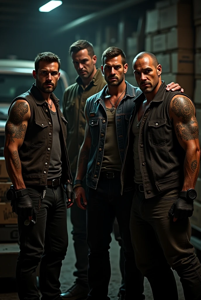 Three male figures hidden in a fog, suspense and horror scenario, manchas de sangue, armas, simbologia de caveira, Prison