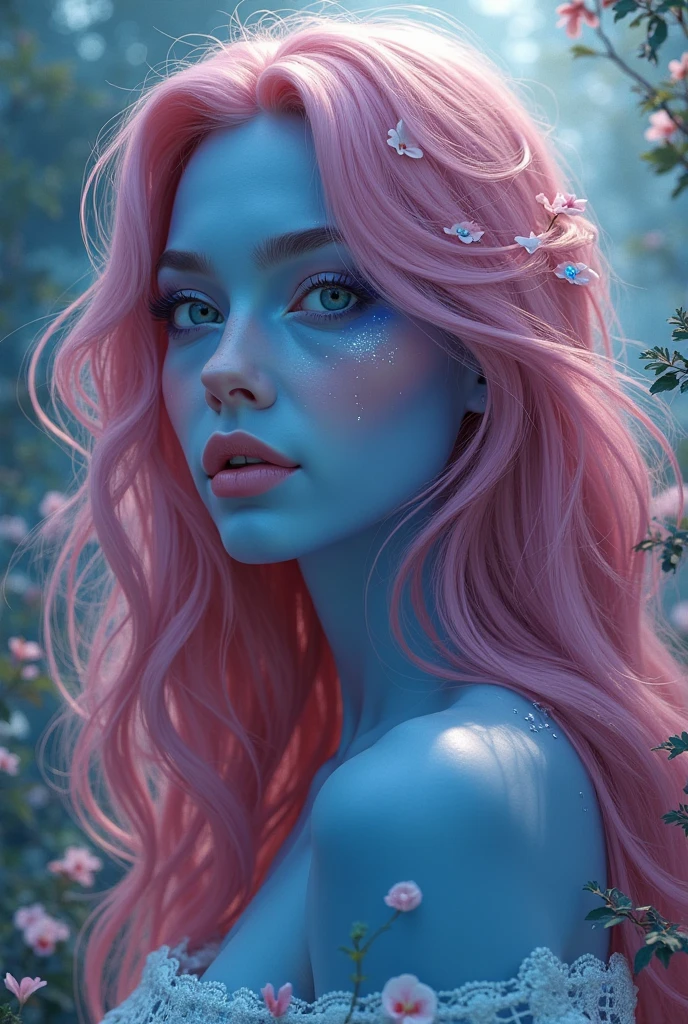 (((((masterpiece))), high quality, ultra-detailed, impressionistic paints, as if painted with a brush, deep purified rain, wet witch, heavy rain, perfectly accentuated femininity, hair with bright pink tips, blue face, epic clouds)