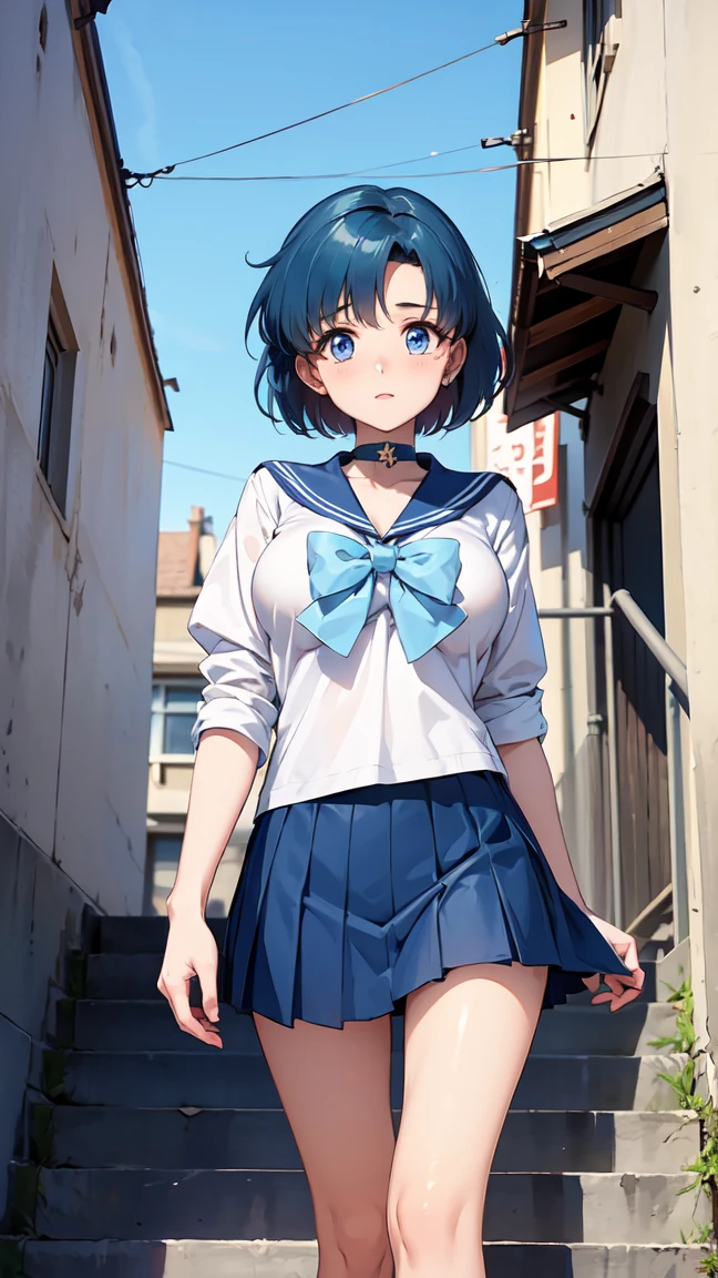 masterpiece, best quality,ultra detail,girl, EPsmSailorMercury,blue shorthair <lora:EPsmSailorMercury:0.8>,smile,blue skirt,blue ribbon,sailor uniform,stylish pose,blush,from back,town,street,