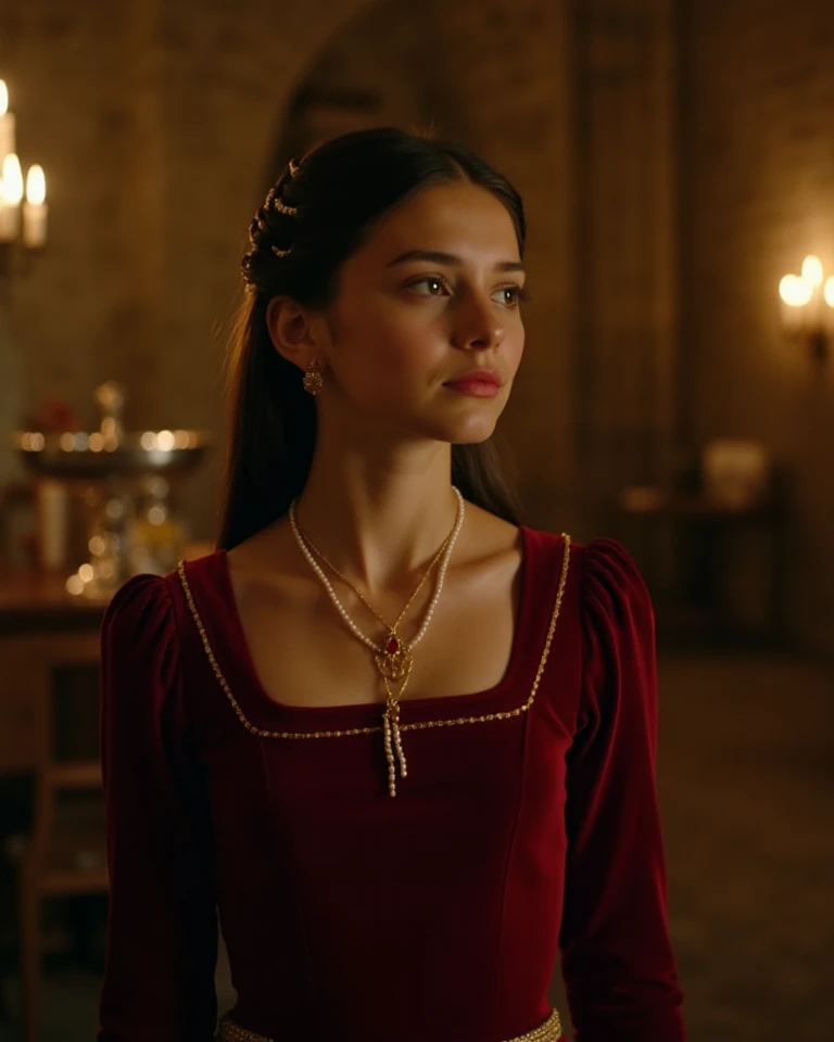 A beautiful young Snow White with long flowing dark hair, wearing a flowing red velvet dress with golden embroidery, standing in a grand medieval castle, (best quality,8k,highres,masterpiece:1.2), ultra-detailed, (realistic, photorealistic, photo-realistic:1.37), detailed facial features, porcelain skin, delicate features, majestic stone walls, flickering candlelight, stained glass windows, dramatic lighting, fantasy, magical, ethereal
