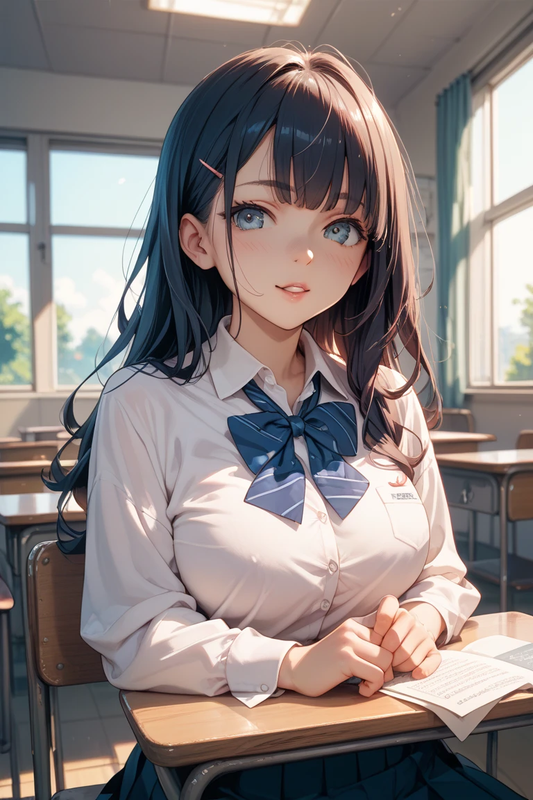 1 high school girl　17 year old female　alone　blazer　ribbon　bob hair　dark blue hair color　library　sit on a chair　bookshelf　smile gently　 verbal invitation, she keeps her mouth open　Blowjob　big breasts
