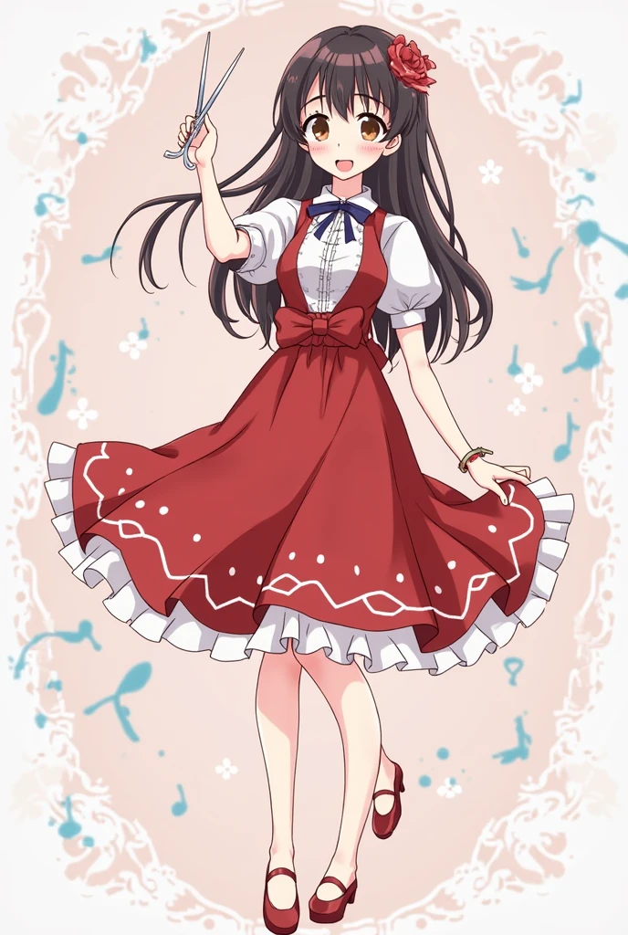 1girl, solo, tohsaka rin, blush, standing, full body, The Mysterious Masquerade: Hidden behind an elegant mask, she captivates the crowd with a masked dance, revealing glimpses of her identity through her movements,  
barefoot, 
 <lora:Genevievegodbout:0.7>