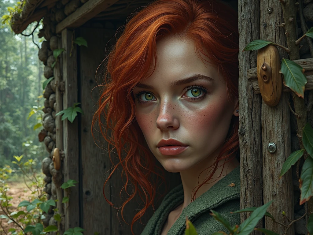 realistic oil painting, portrait of a young woman, looking away from viewer, full body, red hair, detailed face, hard brush, sexy clothings, in a dark forest, night, barely lit