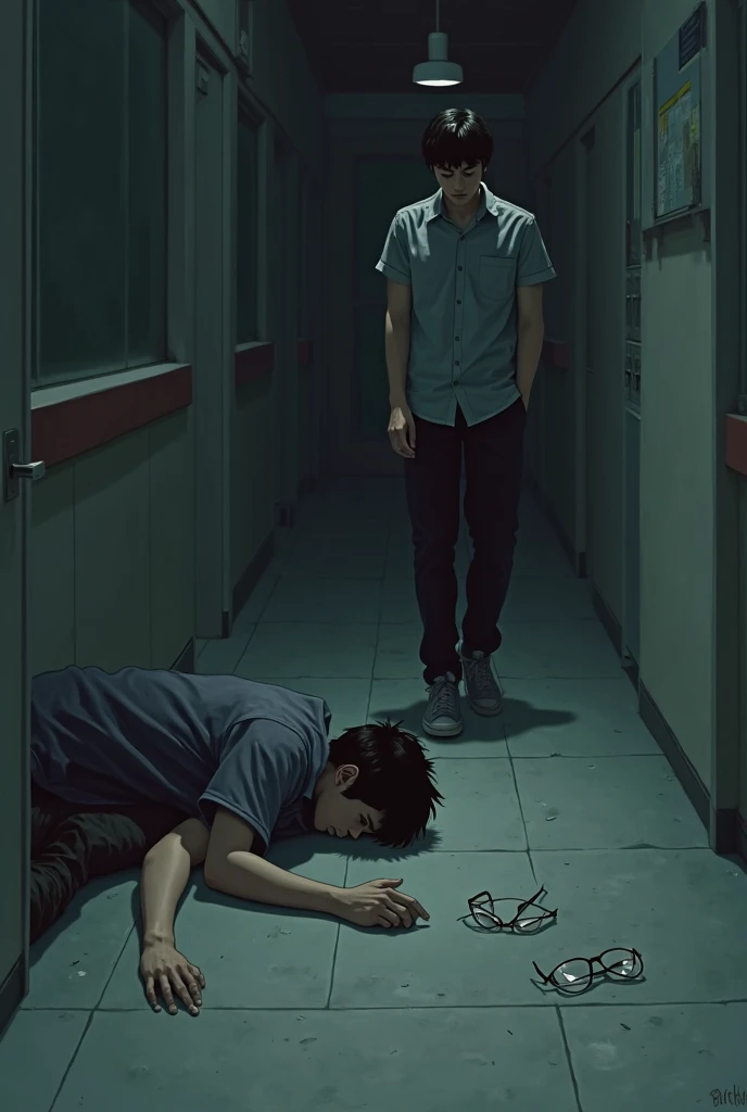 Manga where a boy of 18 year of Tokyo city sitting in bench taking support of wall and coffing blood and his hand
is brutally damaged and the place is little bit dark the wound is seeing properly he is wearing causal clothes