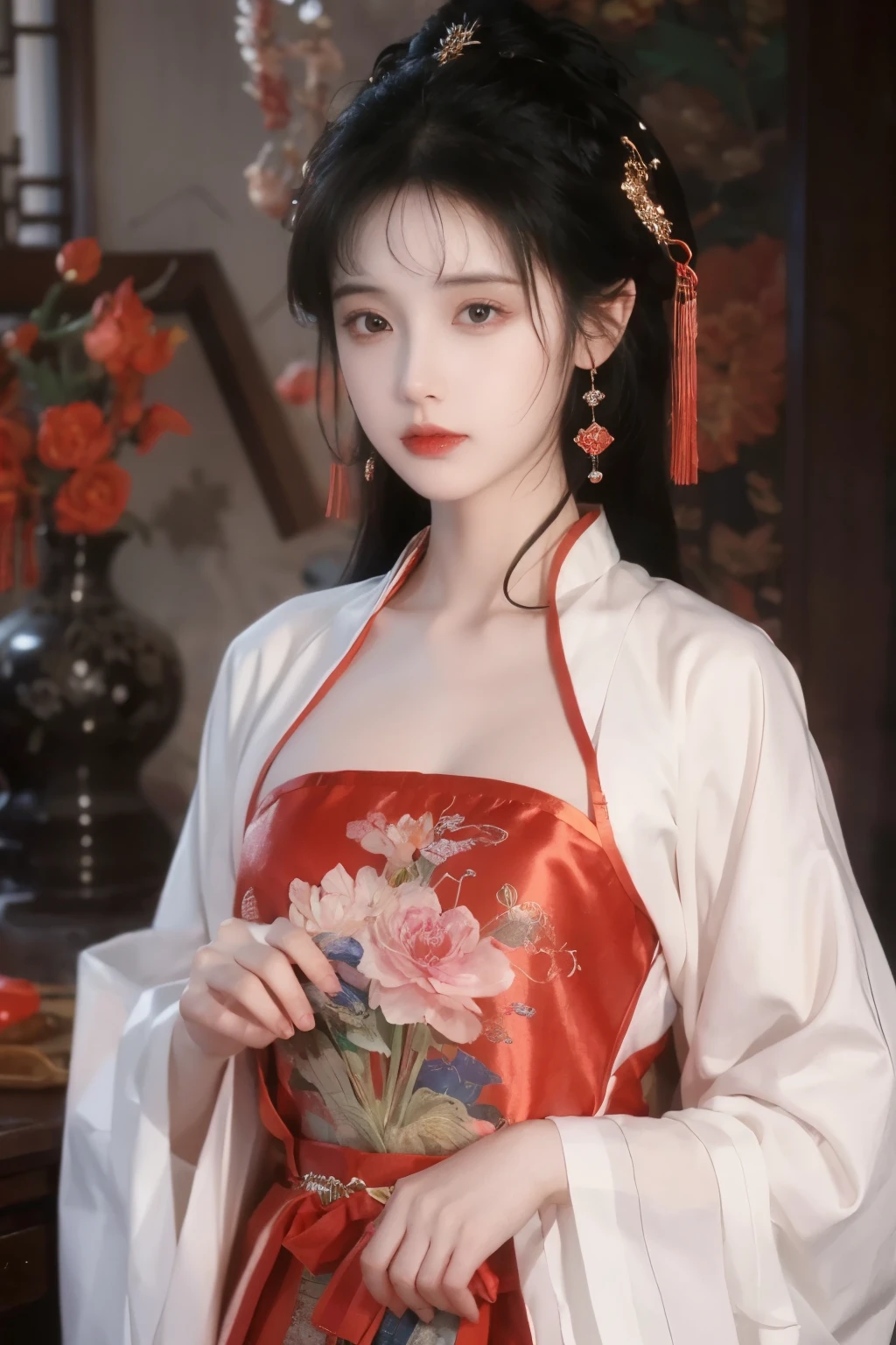( masterpiece, top quality, BEST QUALITY, official art, beautiful and aesthetic:1.2), (1 Girl:1.3), flat chest, extremely detailed,(Fractal Art:1.1),(Flowers:1.3),Highest Detail,(dynamic pose), (background:1.3), (traditional Chinese costume:1.2), (shiny skin), ( many colors :1.4), ,(earrings:1.1),
