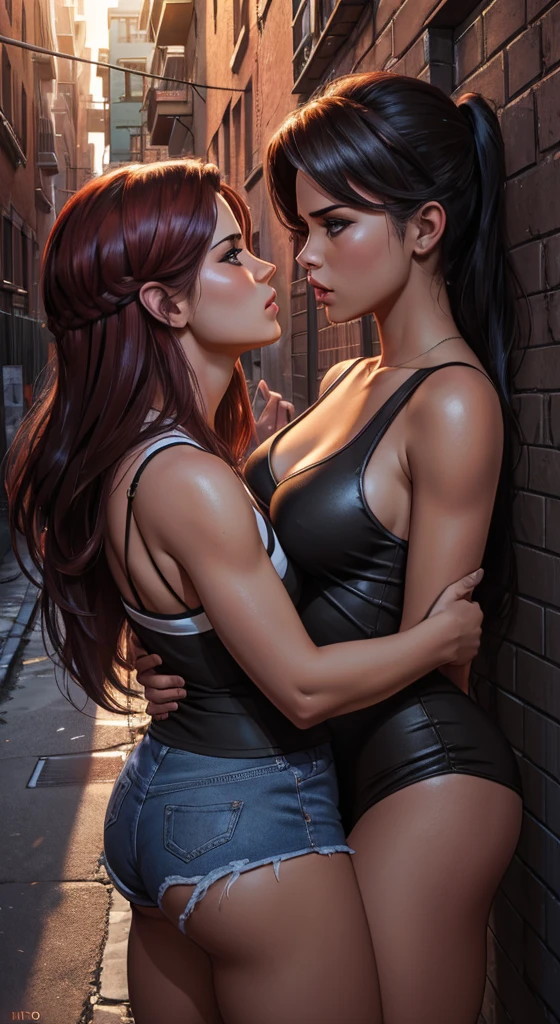 Sailor Moon kissing in a french kiss with Rogue (X-Men), kissing each other, beautiful body, sexy fit body, detailed face, at the comic con
