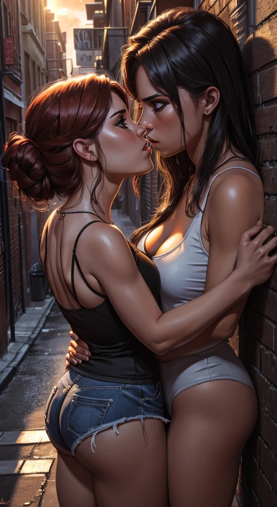 A sensual, intimate scene between two women in a back alley, (best quality,4k,8k,highres,masterpiece:1.2),ultra-detailed,(realistic,photorealistic,photo-realistic:1.37),2girls,highly detailed faces and expressions,grabbing each other's ass,passionate kissing,blushing,wet sleeveless t-shirts,short shorts,anatomically correct,dramatic lighting,cinematic composition,moody urban setting