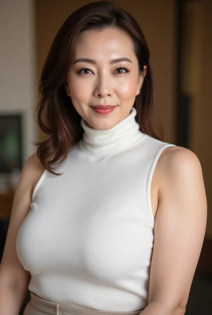 (top quality,masterpiece,ultra-detailed,photo realistic,Textured skin,anatomically correct,1.2),(upper body),(Black shiny rubber suit),(45 years old),(Japanese mature woman),Natural eyebrows,1 girl,smile a little,