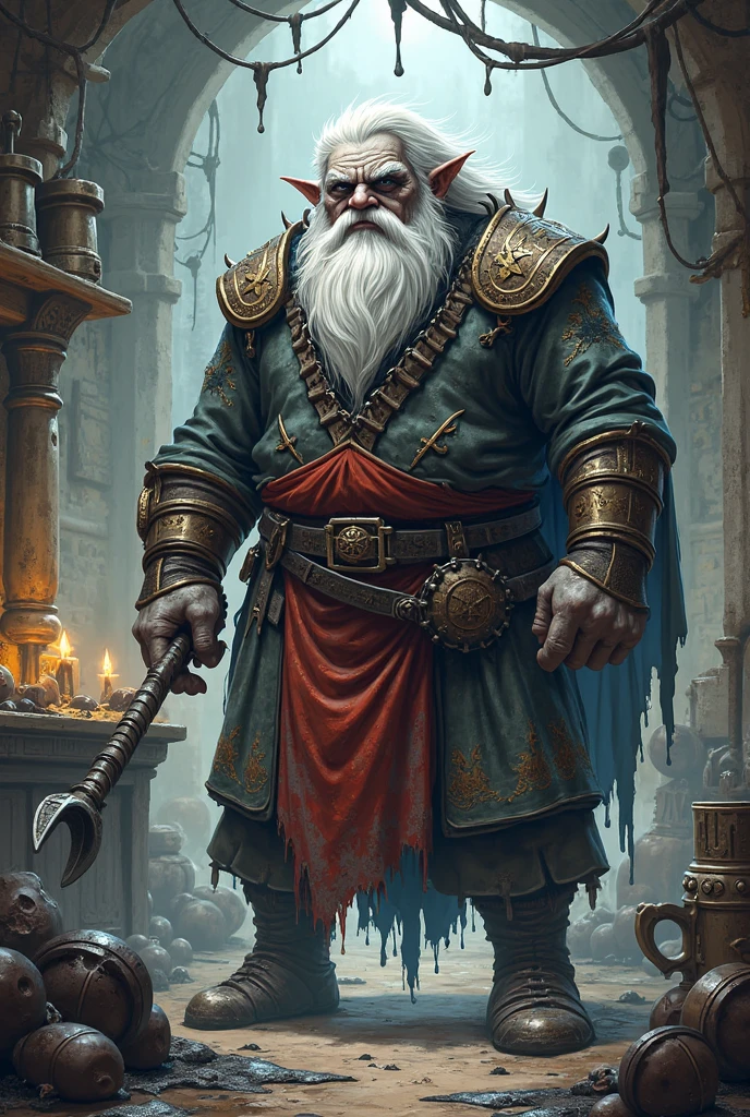Dungeons & Dragons style, Male Gnome named Fibblestib, crazy inventor at his workshop table, tools and elaborate mechanical parts, candles, by laxpeintV2 <lora:ContrastFix:0.3>