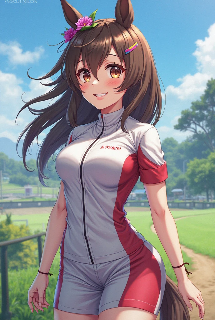 Daiwa Scarlet,Horse Girl,Brown Hair,Long twin tails,Slanted Eyes,Dazzling Smile,Big Breasts,Thin legs,Competition clothes