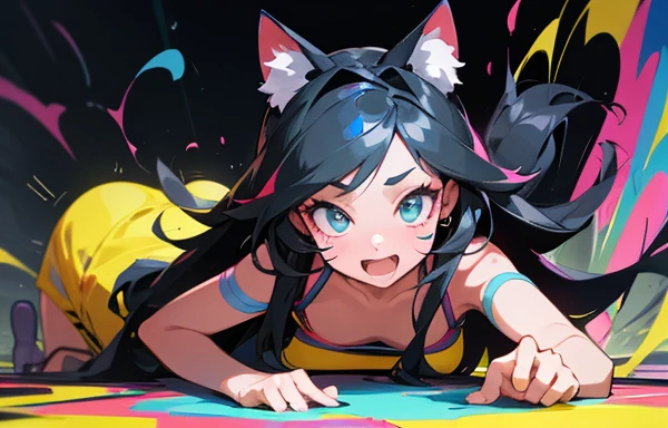 Highest quality,High resolution,１People Girl,whole body,fine,looking at the camera,indoor,ponytail,Black Hair,Yellow-green eyes,White Sailor Leotard,beautiful girl,Cat ear,Cat tail,