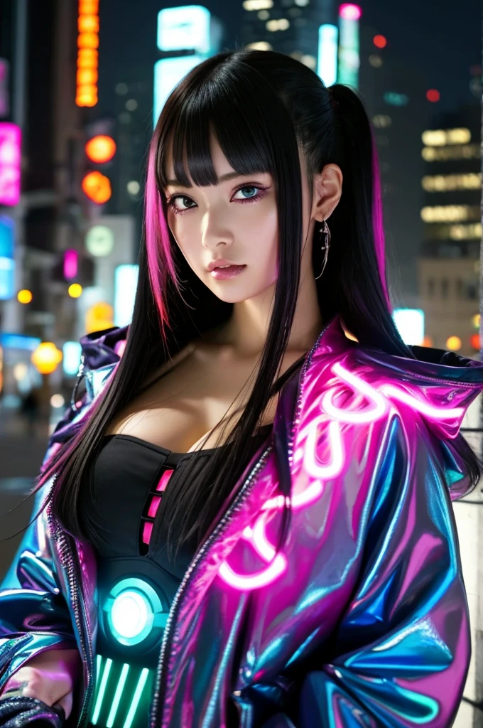 hyperrealistic close up portrait photograph of laughing cyberpunk ebony nekomata catgirl in a crowded Japanese street, large breasts, wearing white leather jacket and armor, fringe cut and bangs rainbow hairstyle, insane details, detailed designs, glowing colorful circuitry, colorful neon trim, cinematic lighting, rim lighting, f/2.8, art by H.R. Giger, Greg Rutowski