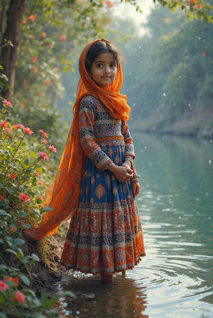 Beautiful cute short girl aged 15 , stand on stone in middle of hills, have long hair and wears jewellery set and wears metallic smart watch to her left hand and wears blue colour full hands dress and black scarf which is flying due to air and black colour legin pand and wears Black colour chappal and seeing left side and sky in sunset mood,in background village and trees and crops and House written SUNITHA name on the sky at her background with gold stylish metallic letters