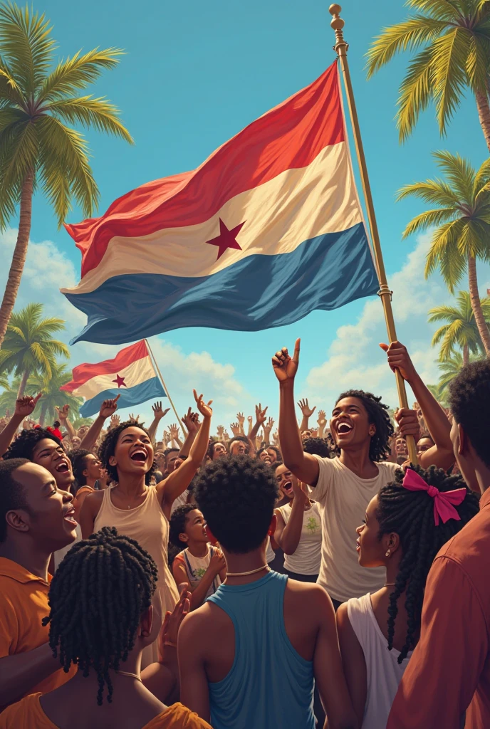 Make a picture of Afro-Colombians fighting with the flag of the Colombian Liberal Party