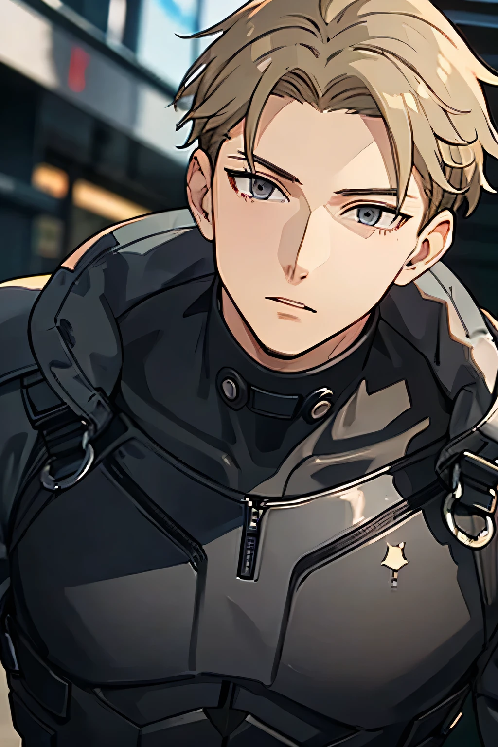 25 year old man, tall and thin body, wearing black bulletproof iron armor, a criminal, blond hair, gray eyes, facing forward, half body