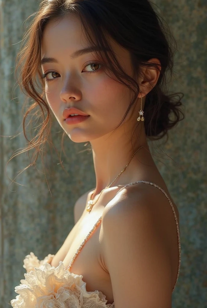 best quality, master part, high resolution, 1girl, vestido de porcelana, Hair accessories, colar, jewelries, cara bonita, no corpo, Efeito Tyndall, Realistic, shadow studio, Rim lighting, dual-tone lighting, (Skins de Alto Detalhe: 1.2), 8k UHD, DSLR, luz suave, alta qualidade, Volume de Luz, tiro furtivo, fotografia, high resolution, 4k, 8k, desfoque de fundo,