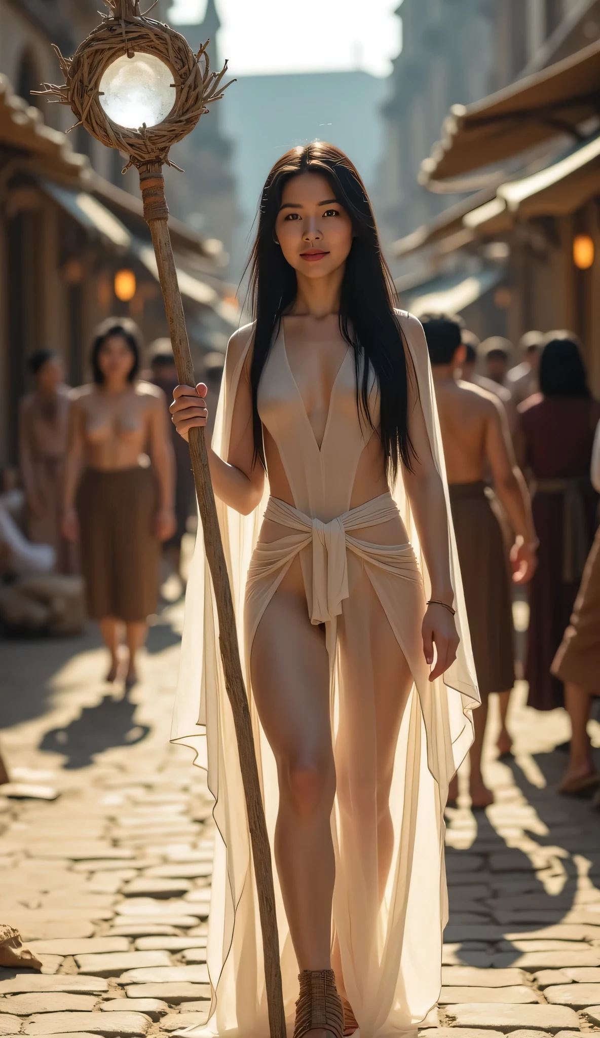 A disturbingly vivid and ultra-realistic depiction of a secluded female cannibal tribe in a dense, untouched region of Korea. The scene unfolds in a dimly lit, cavernous space, where shadows dance on the walls from the flickering light of a large bonfire. The fire casts an eerie glow on the nude figures, highlighting their taut muscles and savage expressions. The central focus is on a group of six women, each standing around a makeshift stone altar, their bodies smeared with a mix of dirt, blood, and primitive tribal markings. Their eyes are wild and their teeth are bared, suggesting a ritualistic fervor. The most dominant member of the tribe, adorned with a headdress made from what appears to be human bones and decaying flesh, stands tallest, brandishing a serrated stone knife. In front of them, a bound and terrified young female captive is laid out, her body trembling with fear. The altar is laden with various human limbs and organs, displayed like a grisly banquet. The surrounding environment is rich with detail, from the moss-covered rocks to the twisted, gnarled trees that seem to beckon the viewer into the abyss of the tribe's dark secrets. The atmosphere is thick with the scent of smoke and raw meat, the air tense with the impending horror of the cannibalistic feast. The meticulous attention to detail in the skin textures, the vibrant hues of blood, and the stark contrast between the light and shadow serve to create a scene that is as viscerally repulsive as it is fascinatingly macabre.