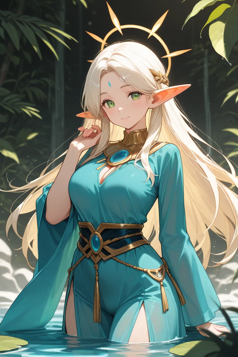 anime. cover magazine. upper body. half body. casual clothes. an elven woman with long platinum blonde hair in braids and turquoise eyes. her ears are long and pointed typical of elves. she wears modern clothes of the current era. her chest large and she exudes the aura of a mature career woman. modern clothes. smile