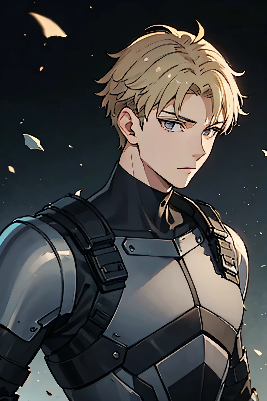 25 year old man, tall and thin body, wearing black bulletproof iron armor, a criminal, blond hair, gray eyes, facing forward, half body